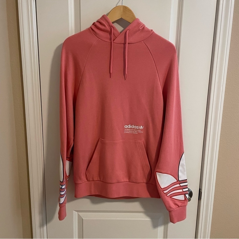 Adidas Hooded Sweatshirt Pink Embroidered Patch Long Sleeve Salmon Pink Size XS